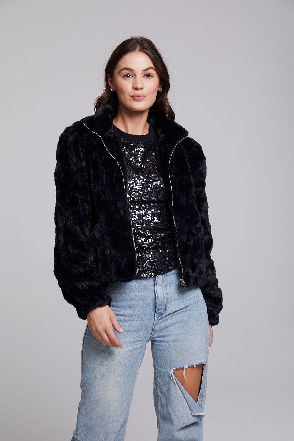 Sequin Faux Fur Puff Sleeve Jacket