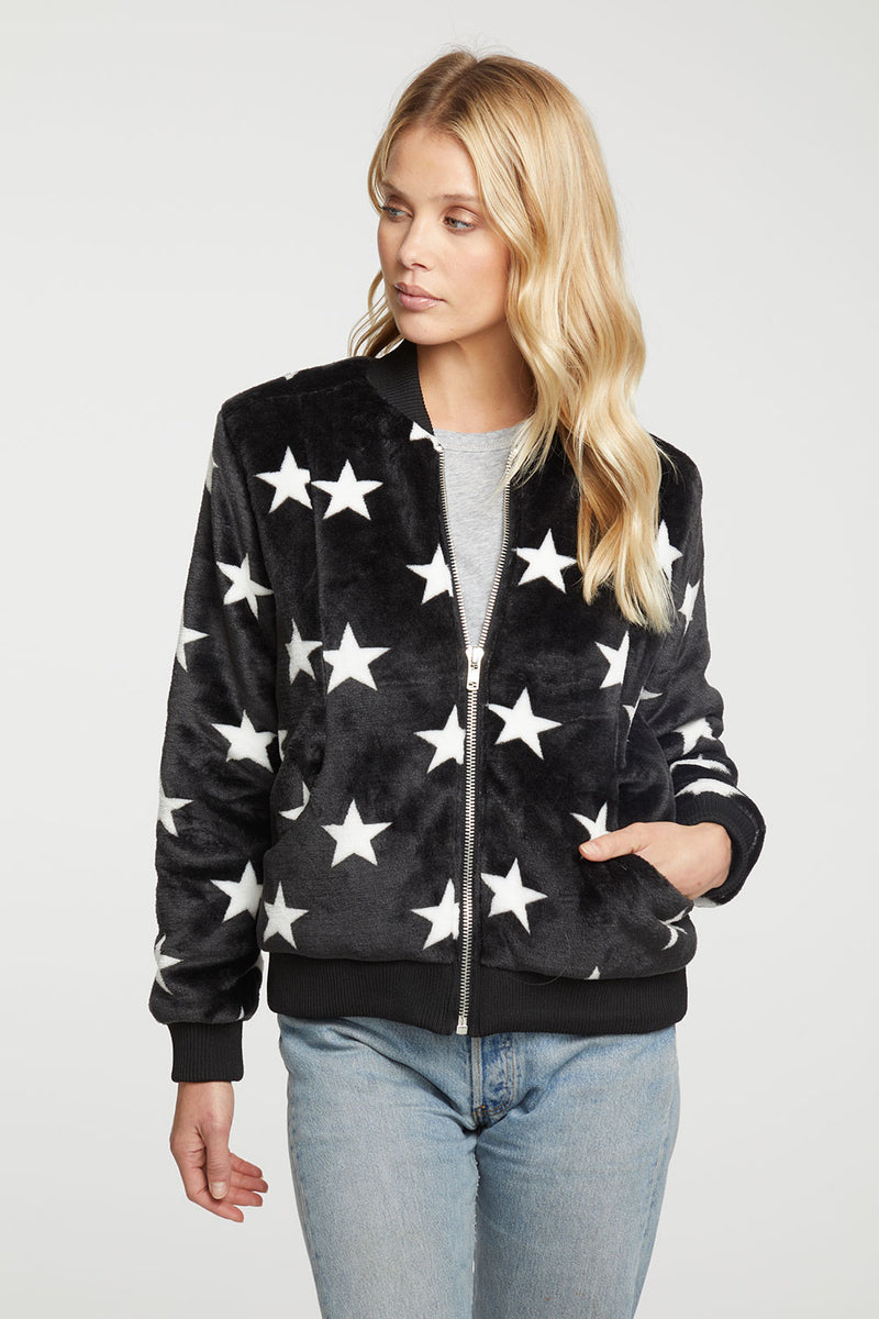 Star Faux Fur Long Sleeve Bomber Jacket