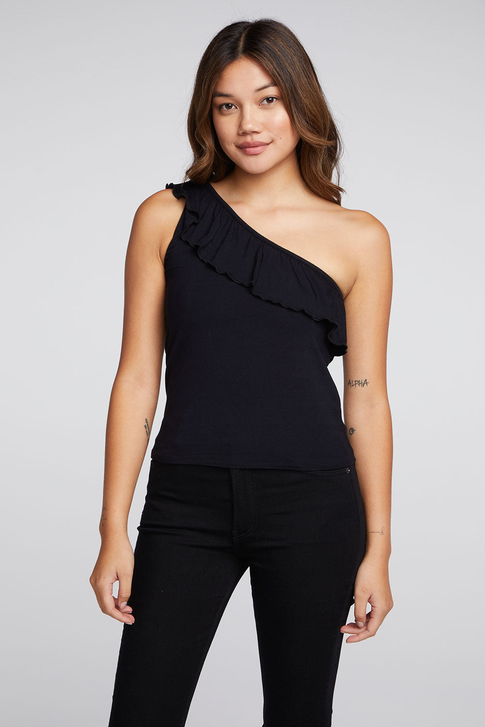 One shoulder best sale black ruffle top