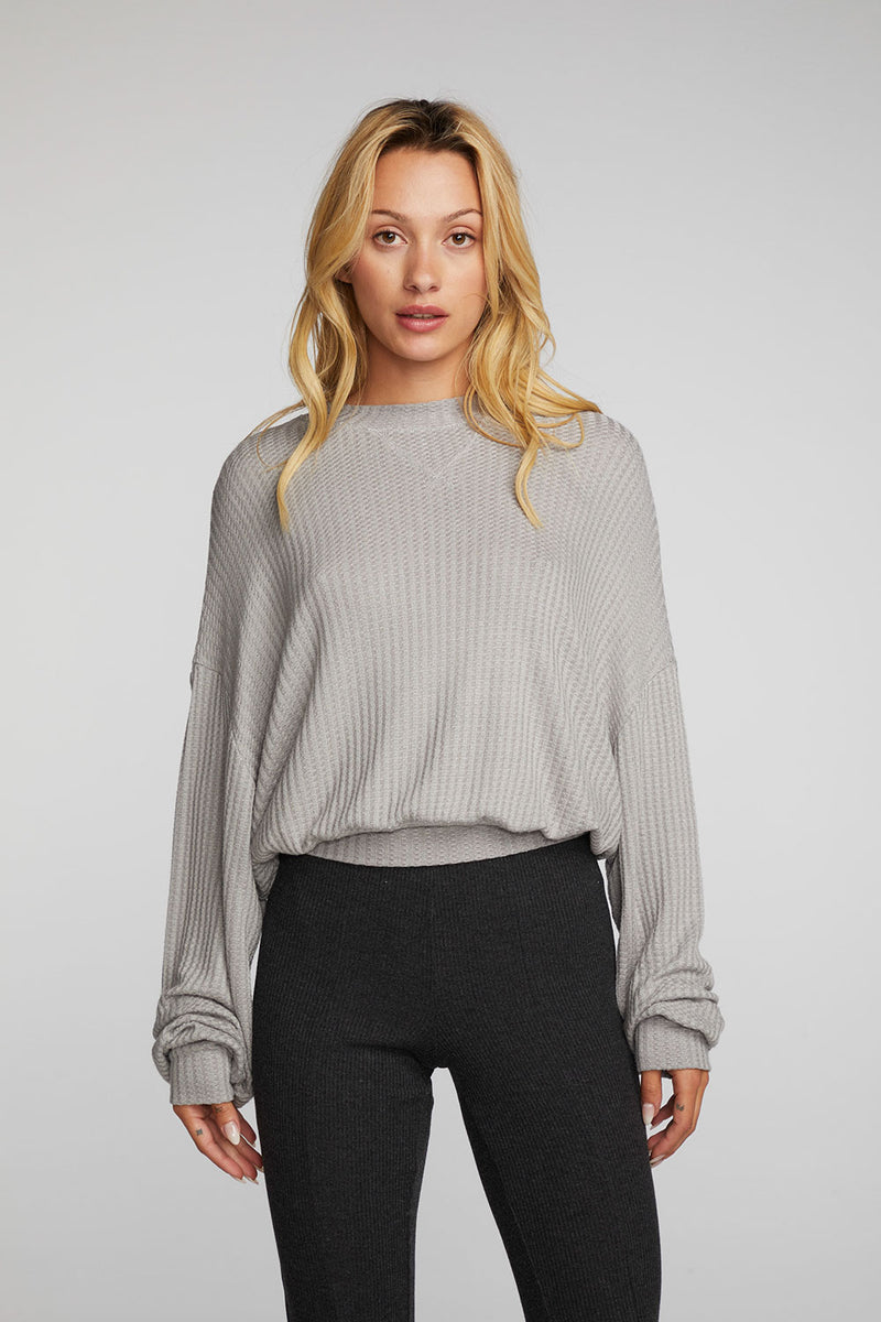 Seven7 Women's High-Low Hem Super Soft Waffle Knit Crew Pullover Top  (Charcoal Grey Heather, XL) 