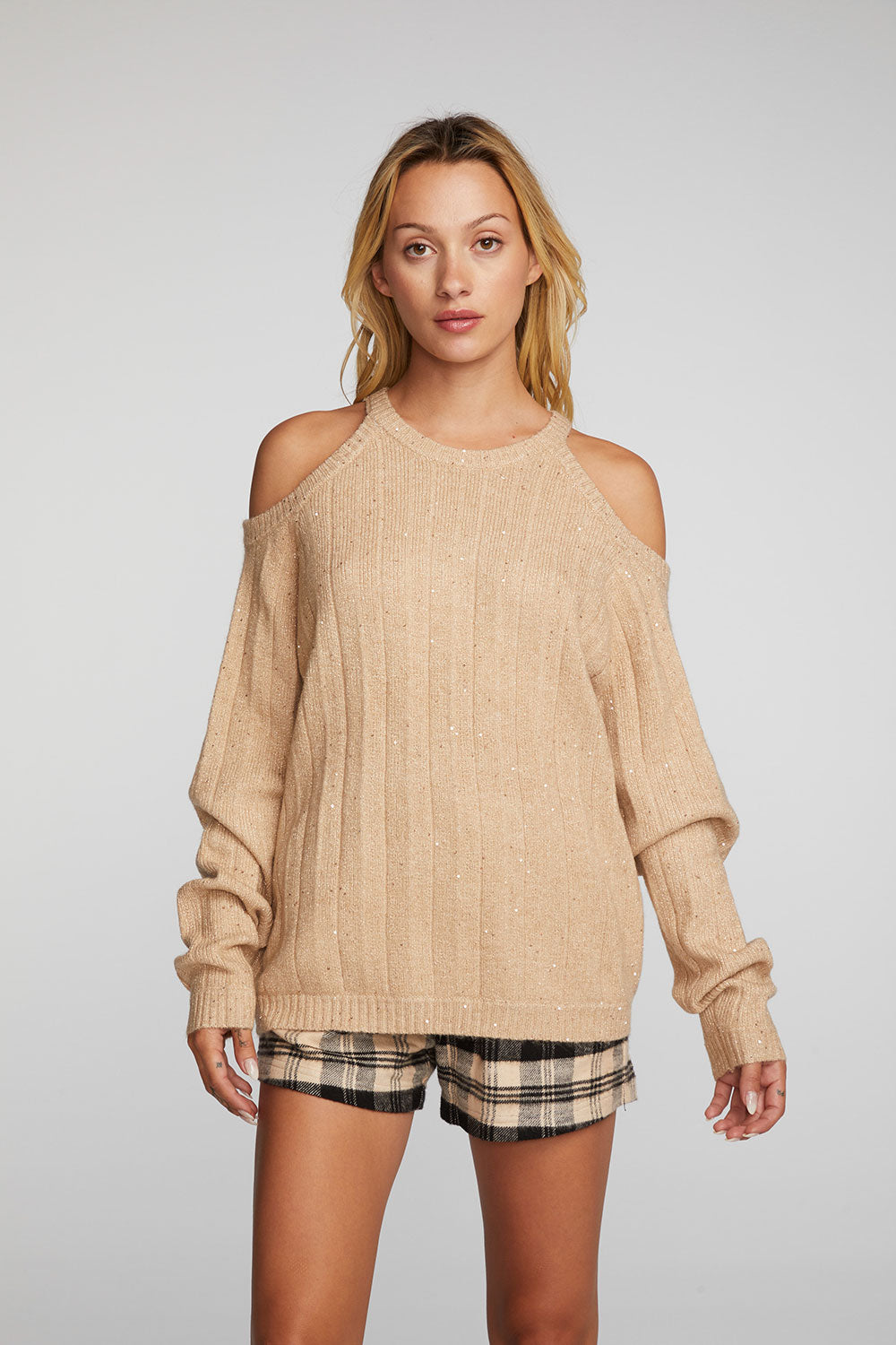 Sequin Knit Cold Shoulder Sweater – chaser