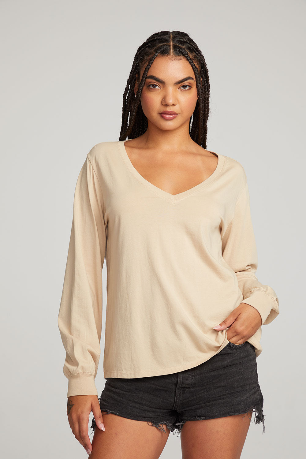 Chaser Love Rib V-Neck Cold Shoulder Shirttail Tee In Willow