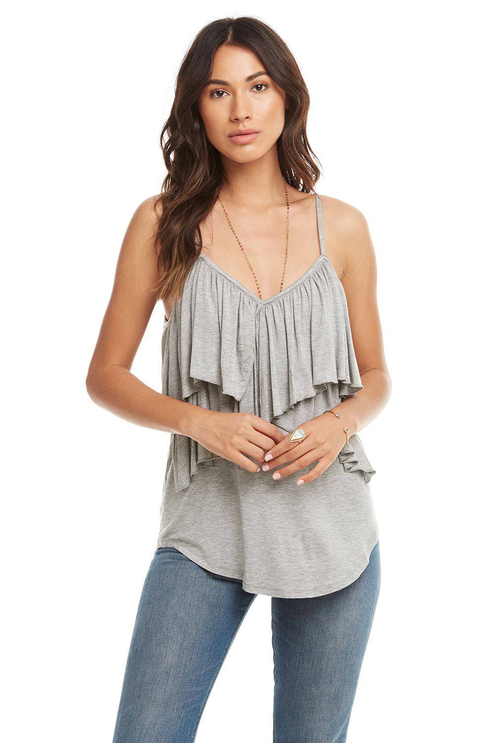 COOL JERSEY CROSSOVER RUFFLE SHIRTTAIL CAMI WOMENS chaserbrand