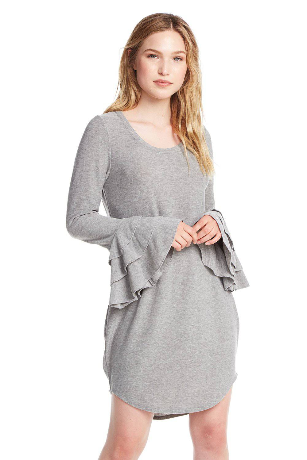 COZY KNIT TIERED RUFFLE SLEEVE HI-LO SHIRTTAIL DRESS WOMENS chaserbrand