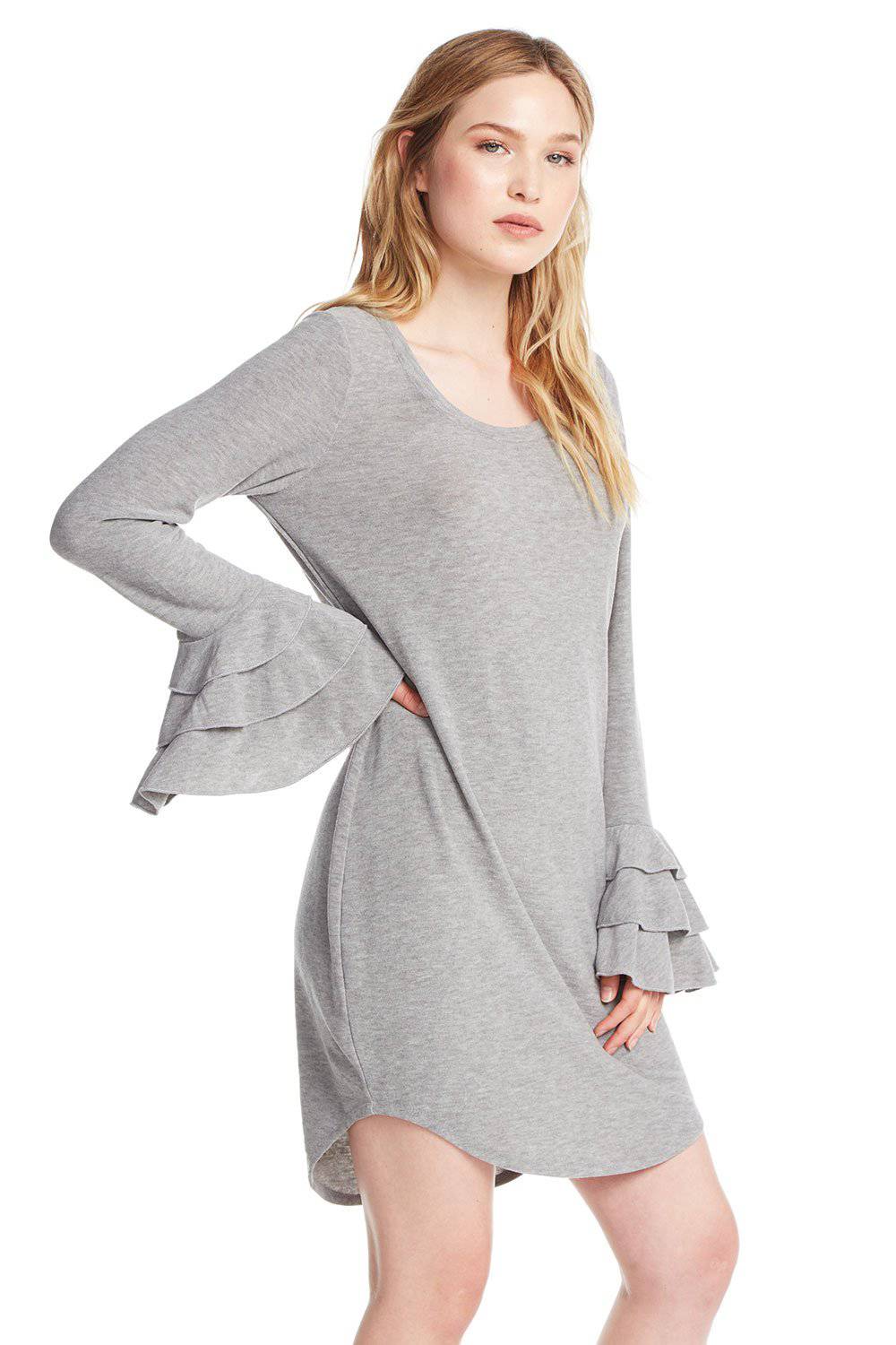 COZY KNIT TIERED RUFFLE SLEEVE HI-LO SHIRTTAIL DRESS WOMENS chaserbrand