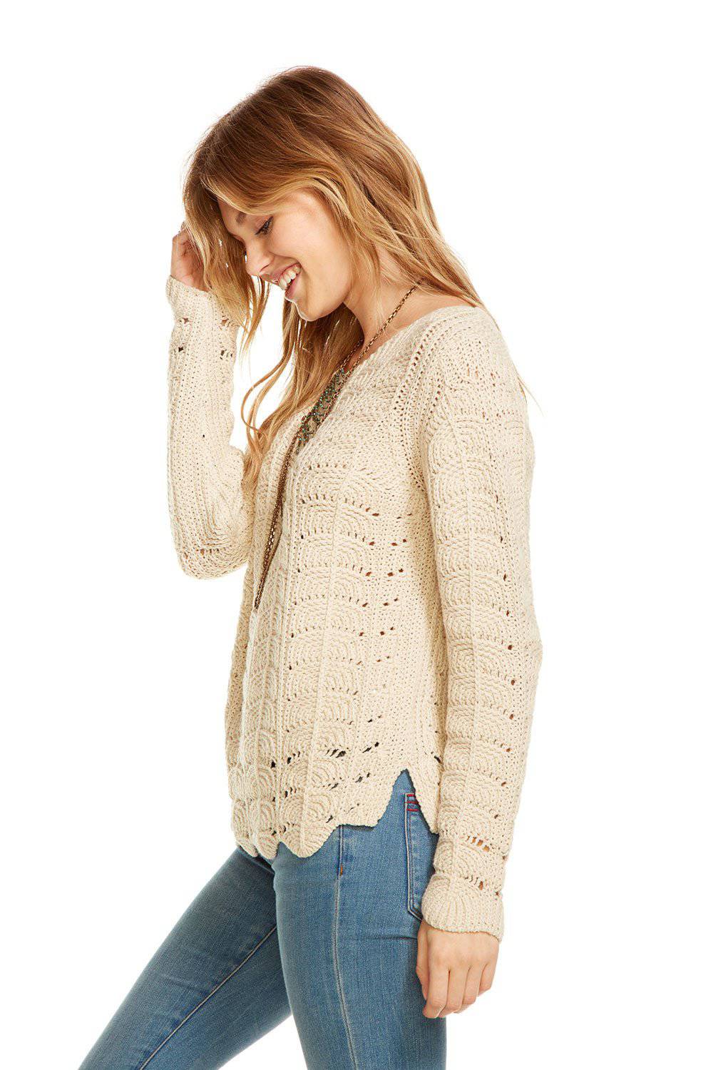 CROCHET SWEATER L/S SCALLOP HEM PULLOVER WOMENS chaserbrand