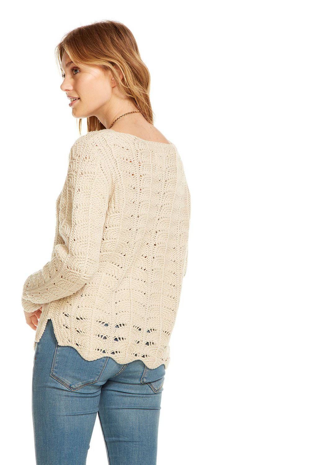 CROCHET SWEATER L/S SCALLOP HEM PULLOVER WOMENS chaserbrand