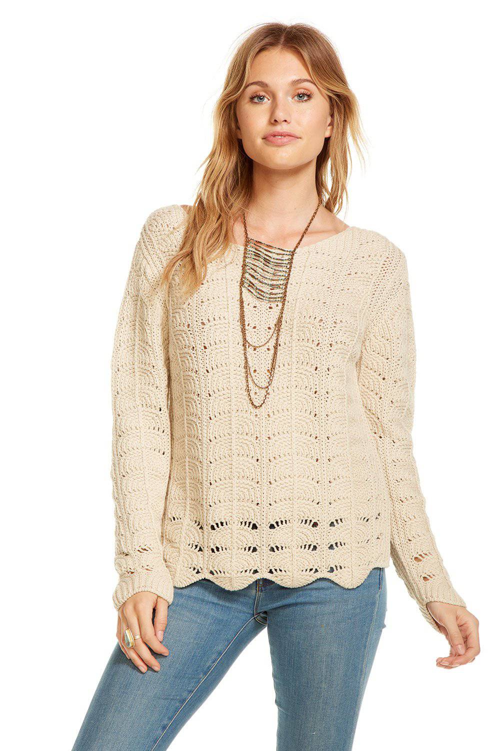 CROCHET SWEATER L/S SCALLOP HEM PULLOVER WOMENS chaserbrand