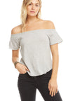 GAUZY COTTON SHIRRED OFF SHOULDER SHIRTTAIL TOP WOMENS chaserbrand