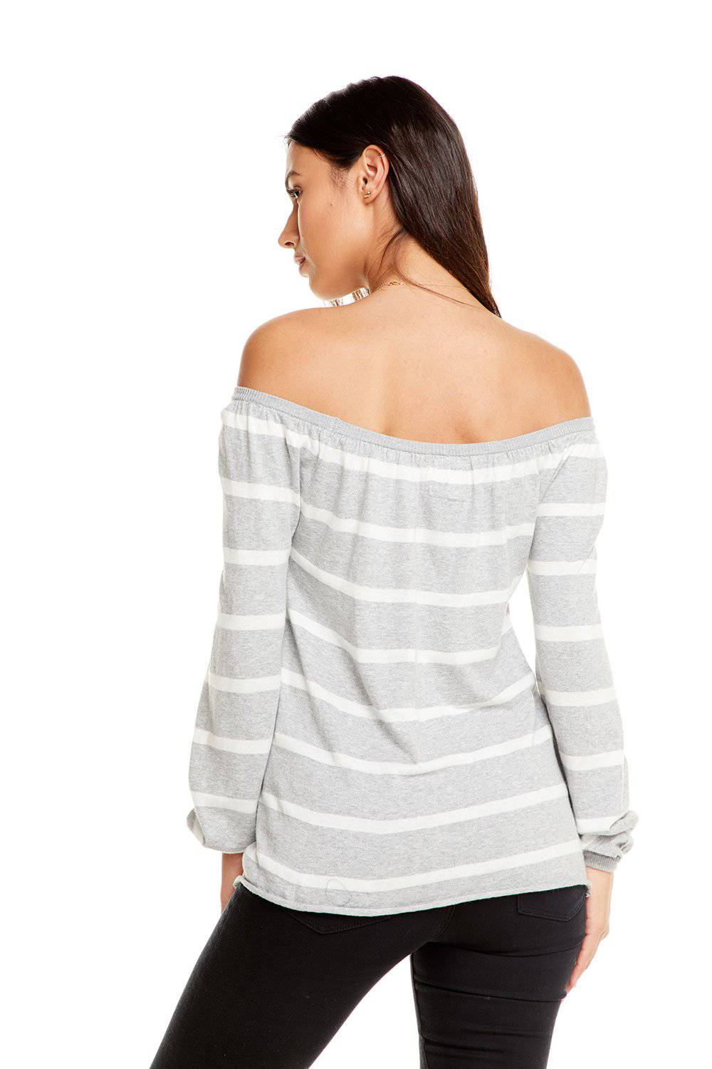 LIGHTWEIGHT L/S SHIRRED OFF SHOULDER FLOUNCY SWEATER WOMENS chaserbrand