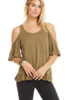 LINEN JERSEY RUFFLE VENT BACK OPEN SHOULDER TEE WOMENS chaserbrand