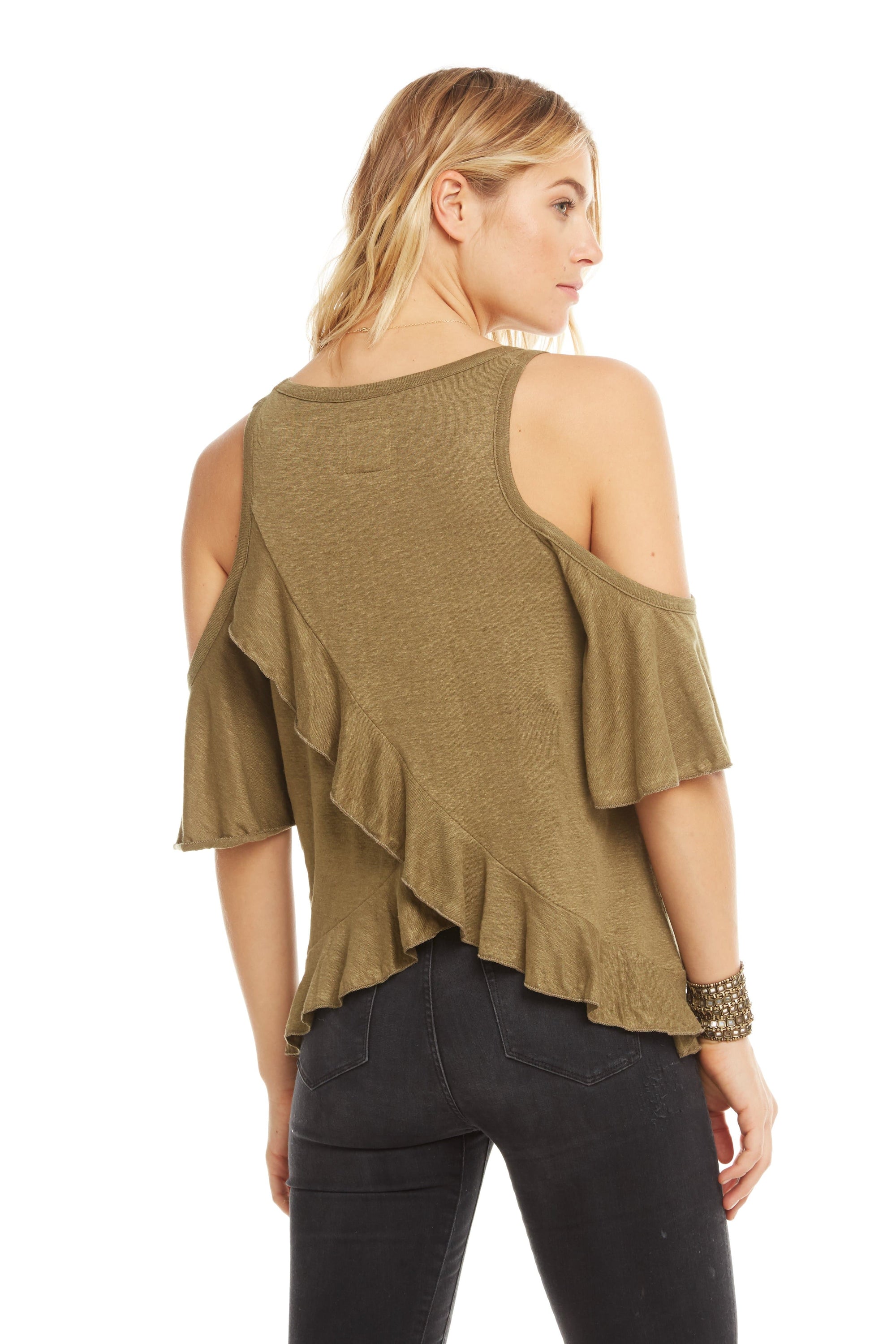 LINEN JERSEY RUFFLE VENT BACK OPEN SHOULDER TEE WOMENS chaserbrand