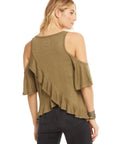 LINEN JERSEY RUFFLE VENT BACK OPEN SHOULDER TEE WOMENS chaserbrand