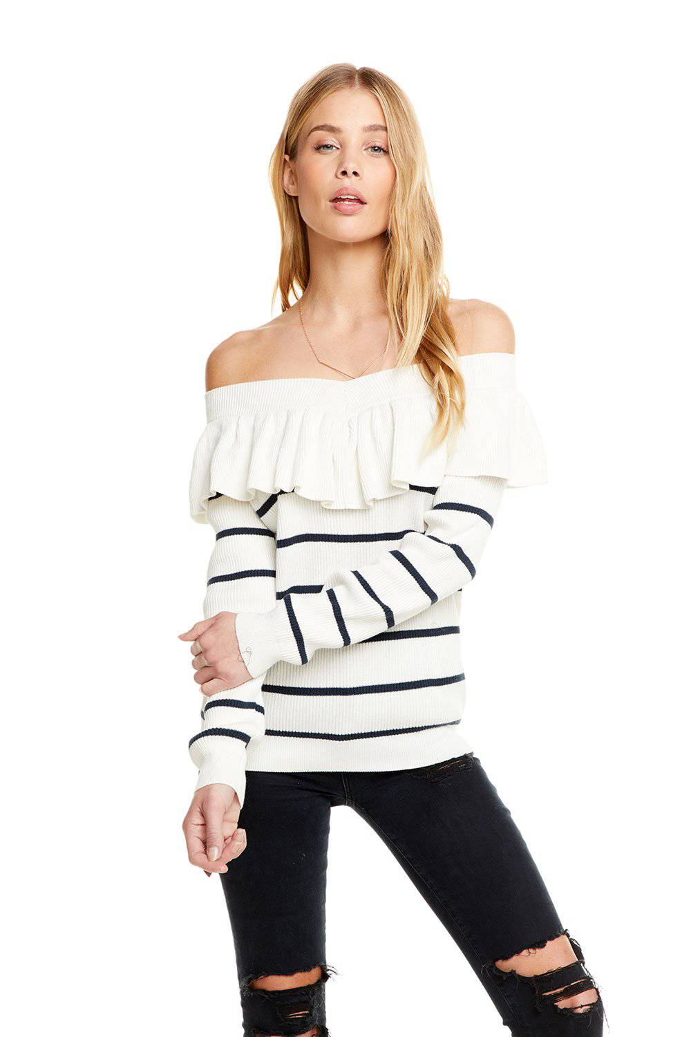 RIB SWEATERS RUFFLE OFF SHOULDER SWEATER WOMENS chaserbrand