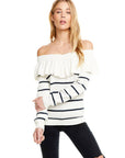 RIB SWEATERS RUFFLE OFF SHOULDER SWEATER WOMENS chaserbrand