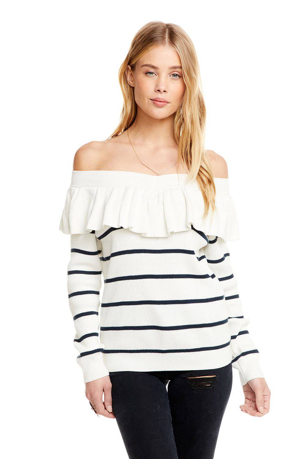 RIB SWEATERS RUFFLE OFF SHOULDER SWEATER WOMENS chaserbrand