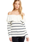 RIB SWEATERS RUFFLE OFF SHOULDER SWEATER WOMENS chaserbrand