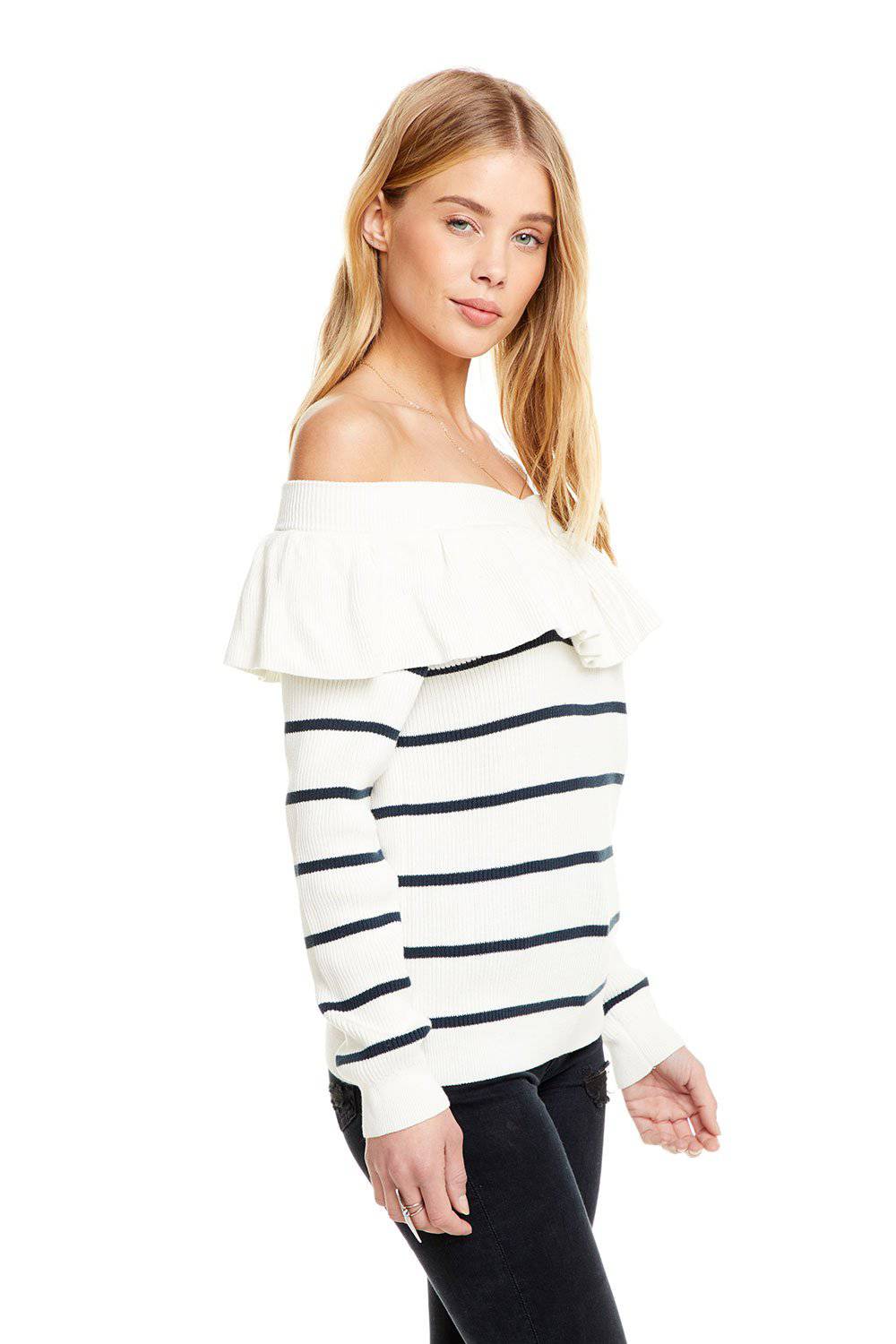 RIB SWEATERS RUFFLE OFF SHOULDER SWEATER WOMENS chaserbrand