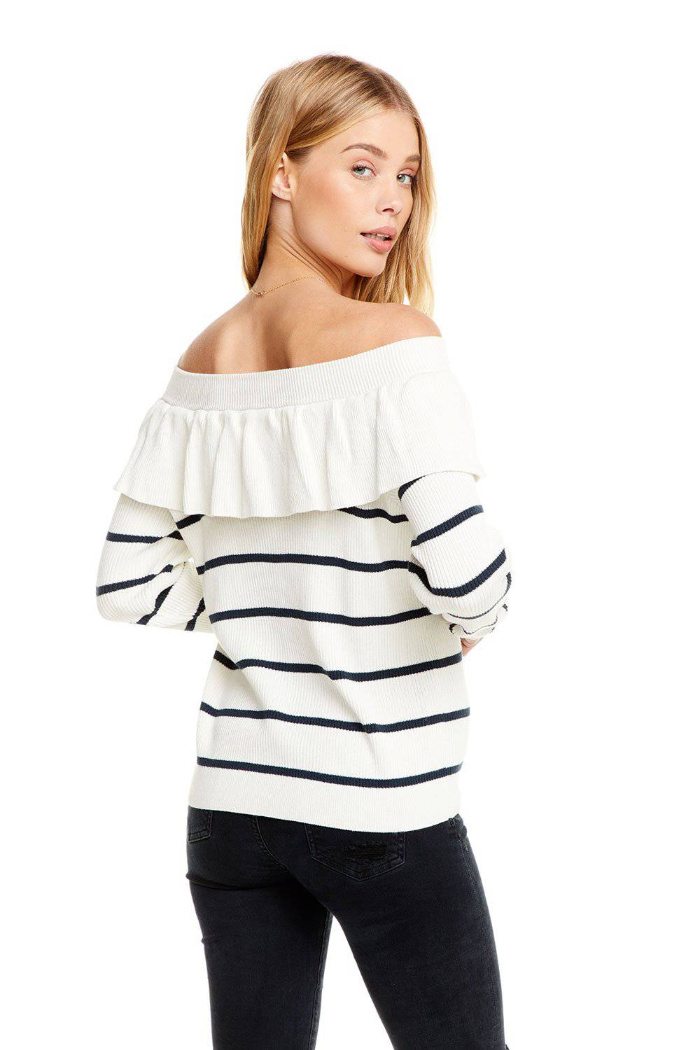 RIB SWEATERS RUFFLE OFF SHOULDER SWEATER WOMENS chaserbrand