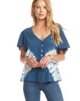 SILK FLOUNCE SLEEVE DRAWSTRING PEPLUM BUTTON DOWN TOP WOMENS chaserbrand