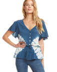 SILK FLOUNCE SLEEVE DRAWSTRING PEPLUM BUTTON DOWN TOP WOMENS chaserbrand