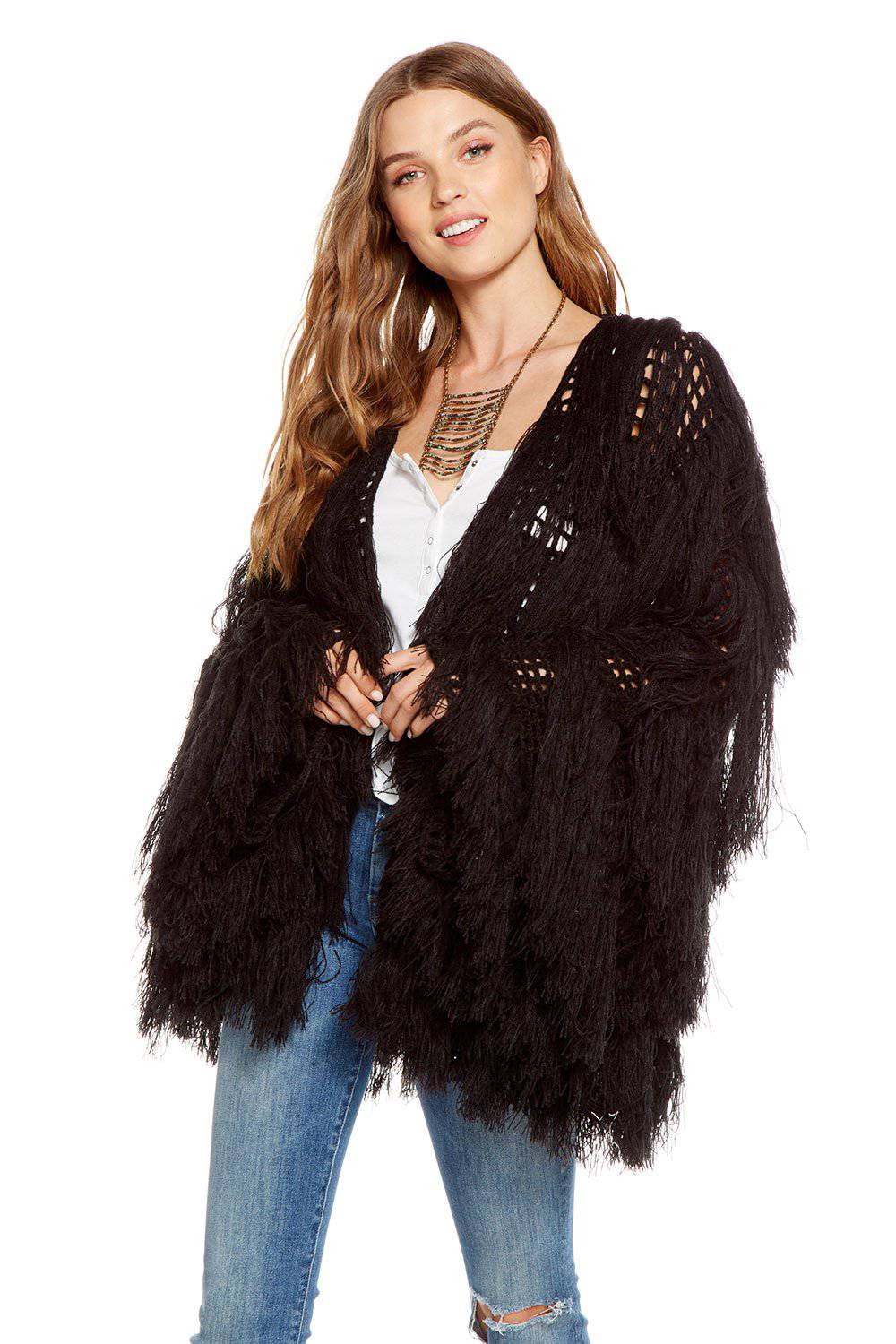 TASSEL YARN LONG KNIT FRINGE OPEN CARDIGAN WOMENS chaserbrand