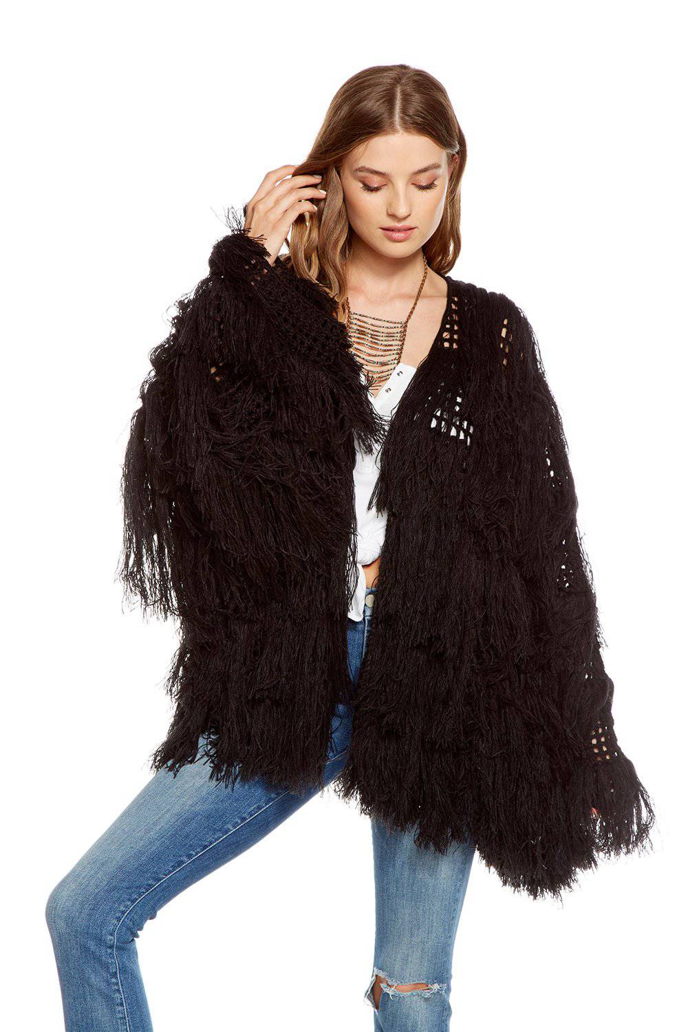 TASSEL YARN LONG KNIT FRINGE OPEN CARDIGAN WOMENS chaserbrand