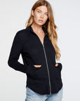 Baby Rib Mock Neck Long Sleeve Thumbhole Jacket in True Black WOMENS - chaserbrand