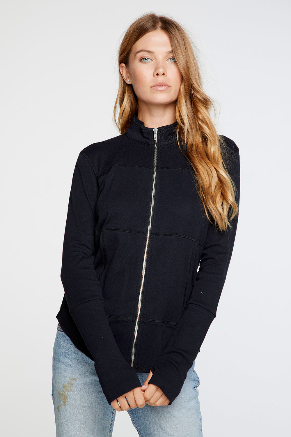 Baby Rib Mock Neck Long Sleeve Thumbhole Jacket in True Black WOMENS - chaserbrand