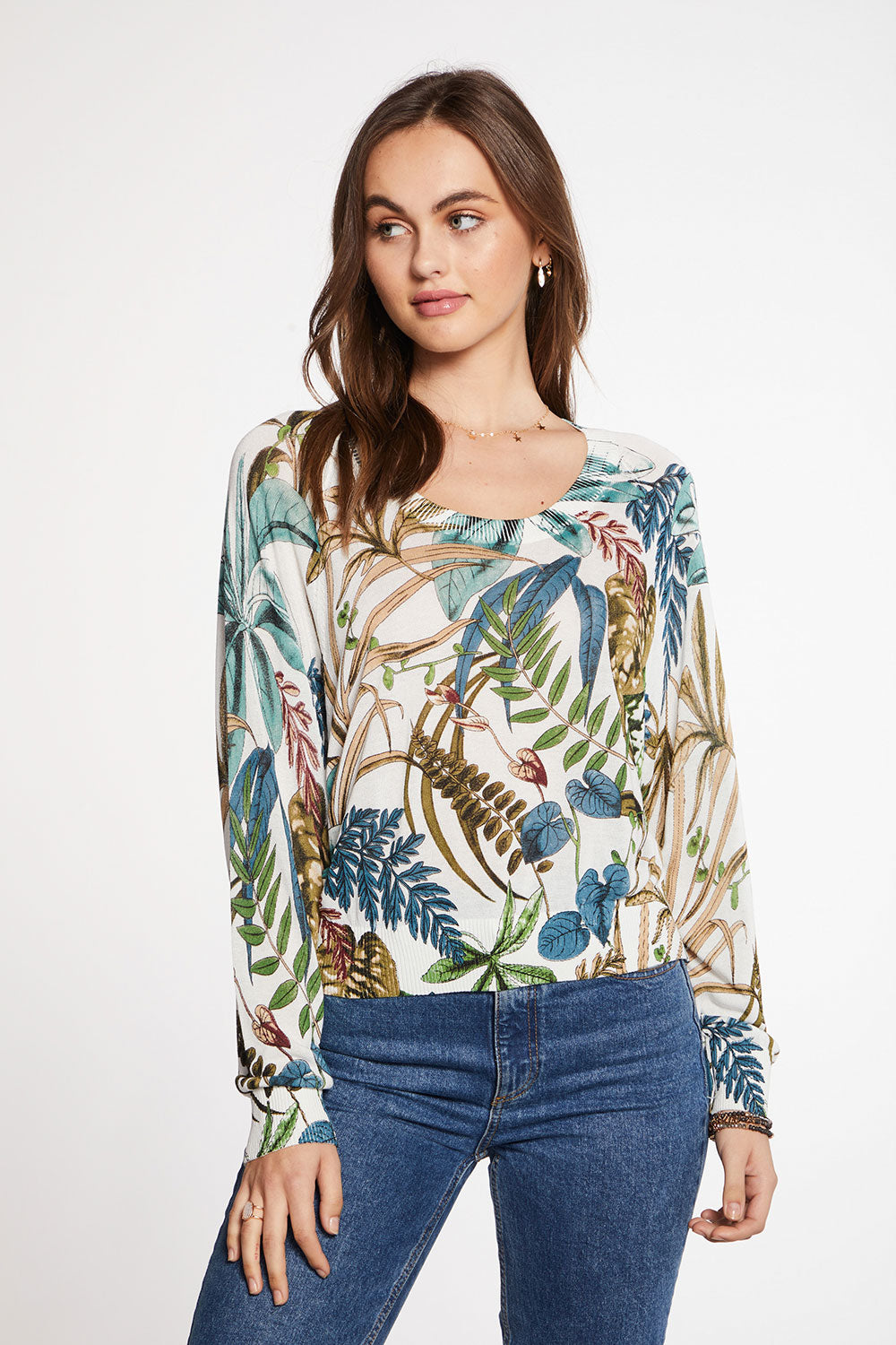 Viscose Blend Botanical Print Oversized Long Sleeve Raglan Pullover Sweater WOMENS - chaserbrand