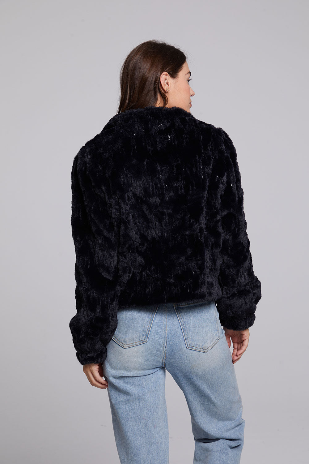 Sequin Faux Fur Puff Sleeve Jacket