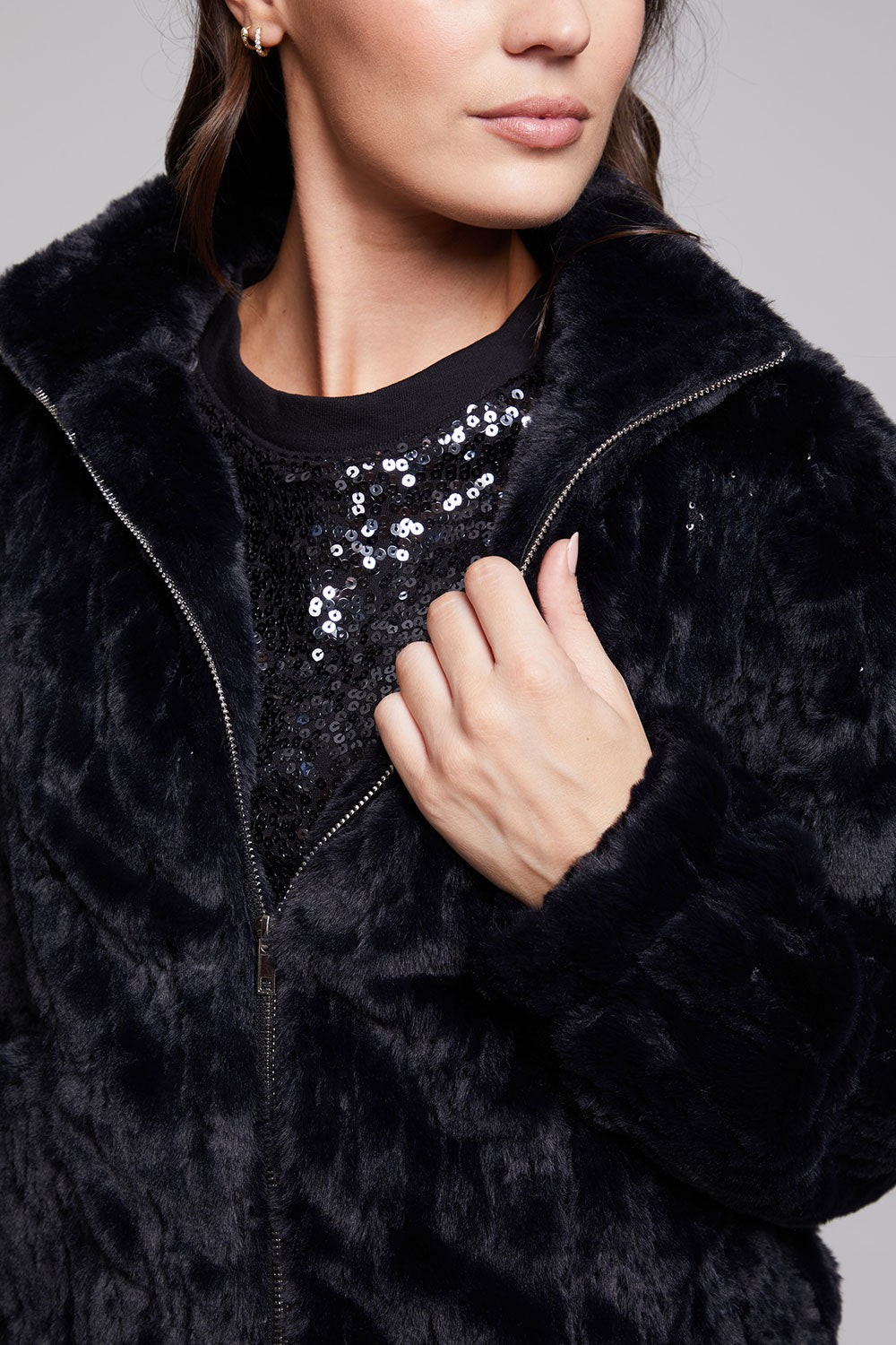 Sequin Faux Fur Puff Sleeve Jacket