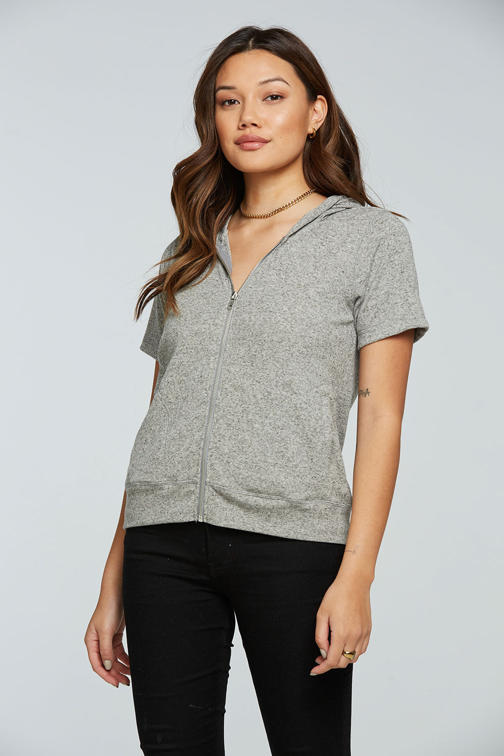 Linen Rib Short Sleeve Zip Up Hoodie WOMENS - chaserbrand