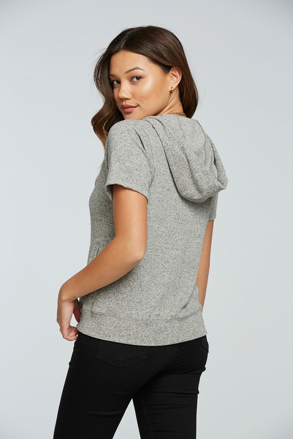 Linen Rib Short Sleeve Zip Up Hoodie WOMENS - chaserbrand