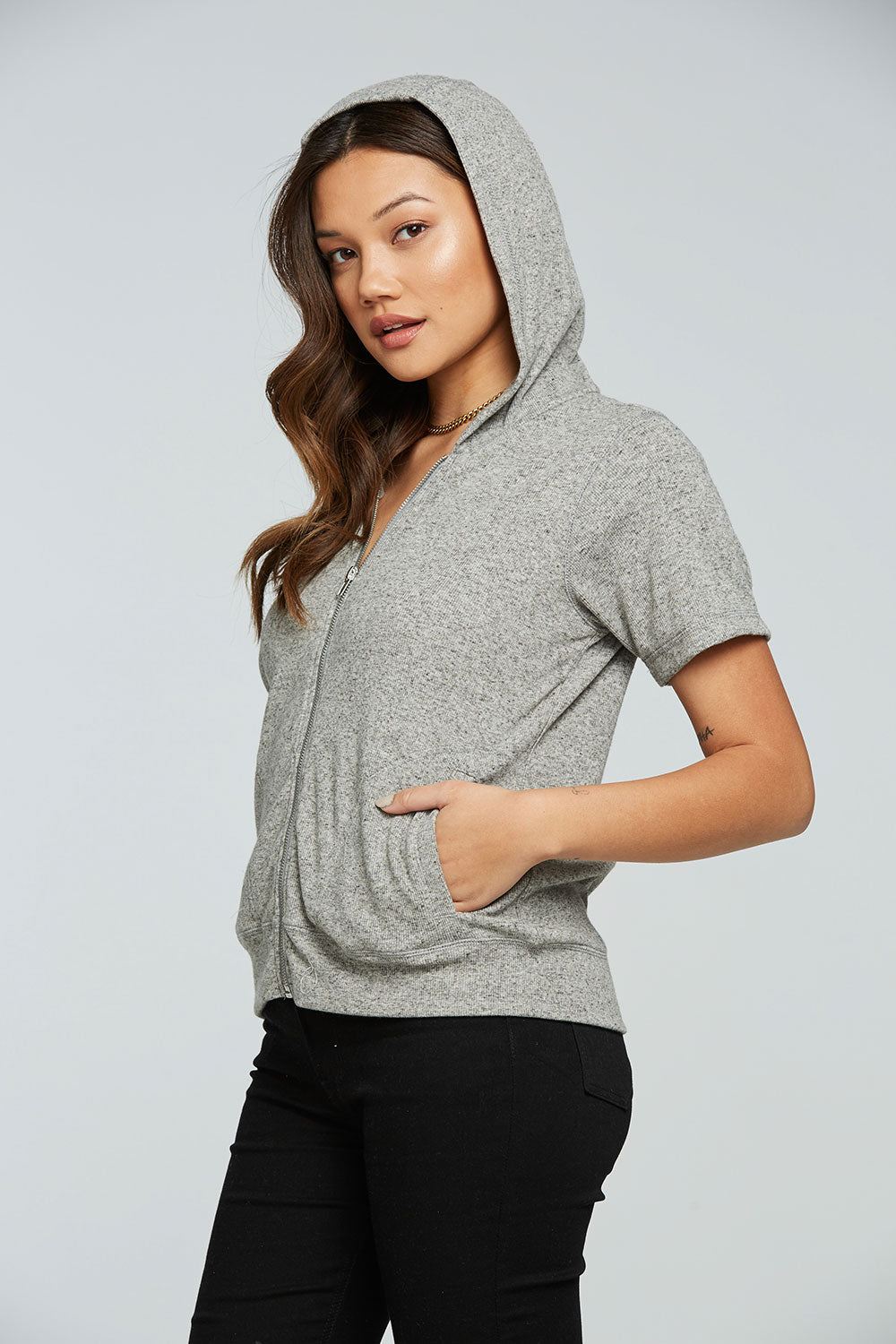 Linen Rib Short Sleeve Zip Up Hoodie WOMENS - chaserbrand