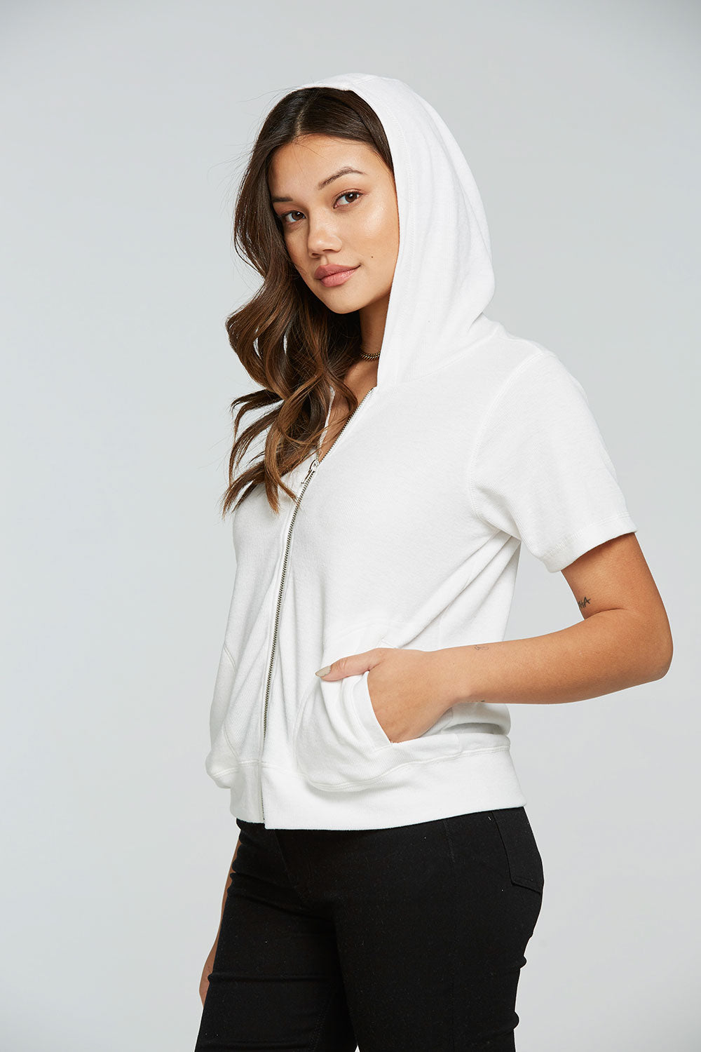 Linen Rib Short Sleeve Zip Up Hoodie WOMENS - chaserbrand