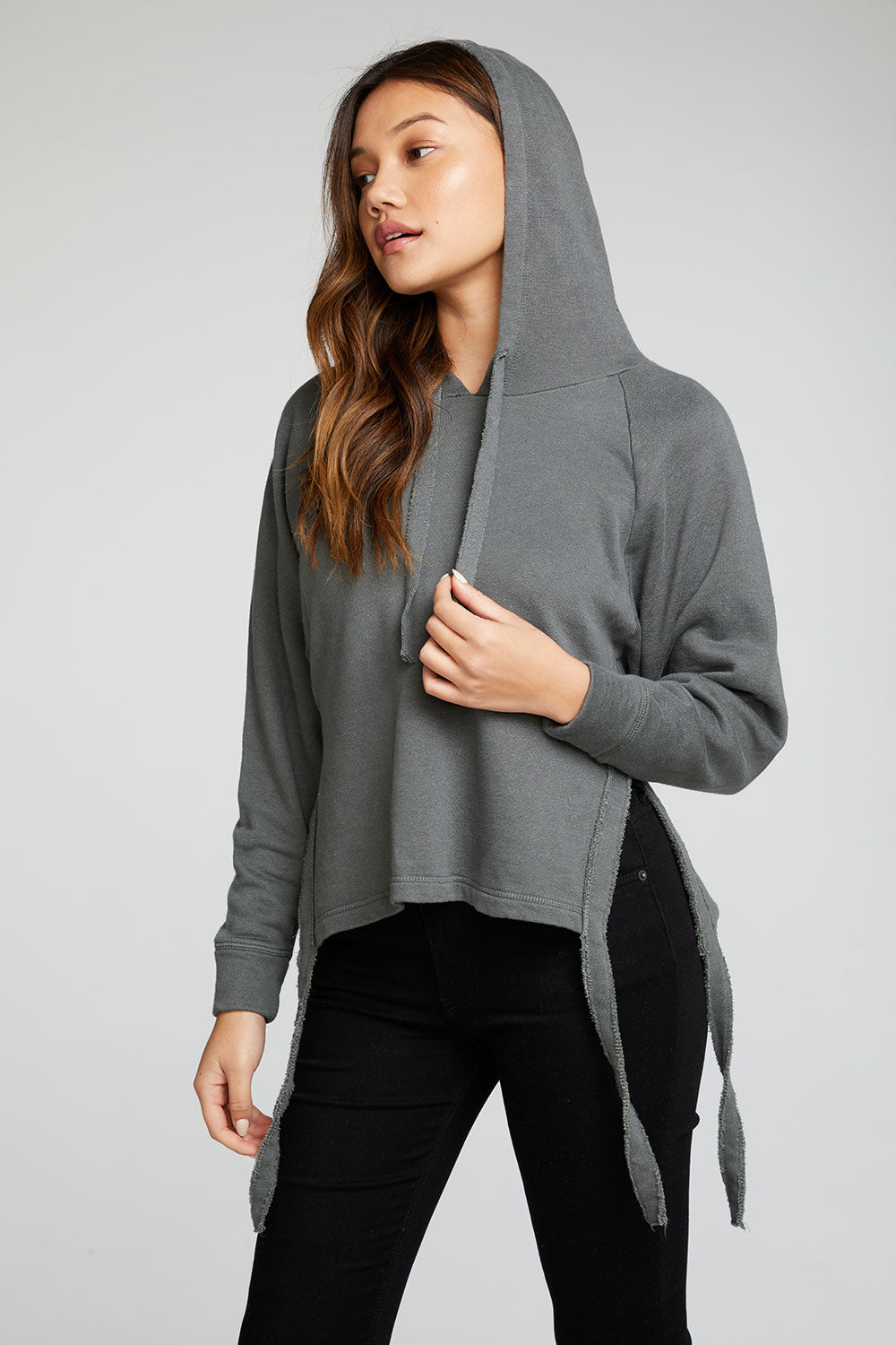 Linen French Terry Long Sleeve Side Tie Batwing Pullover Hoodie WOMENS - chaserbrand