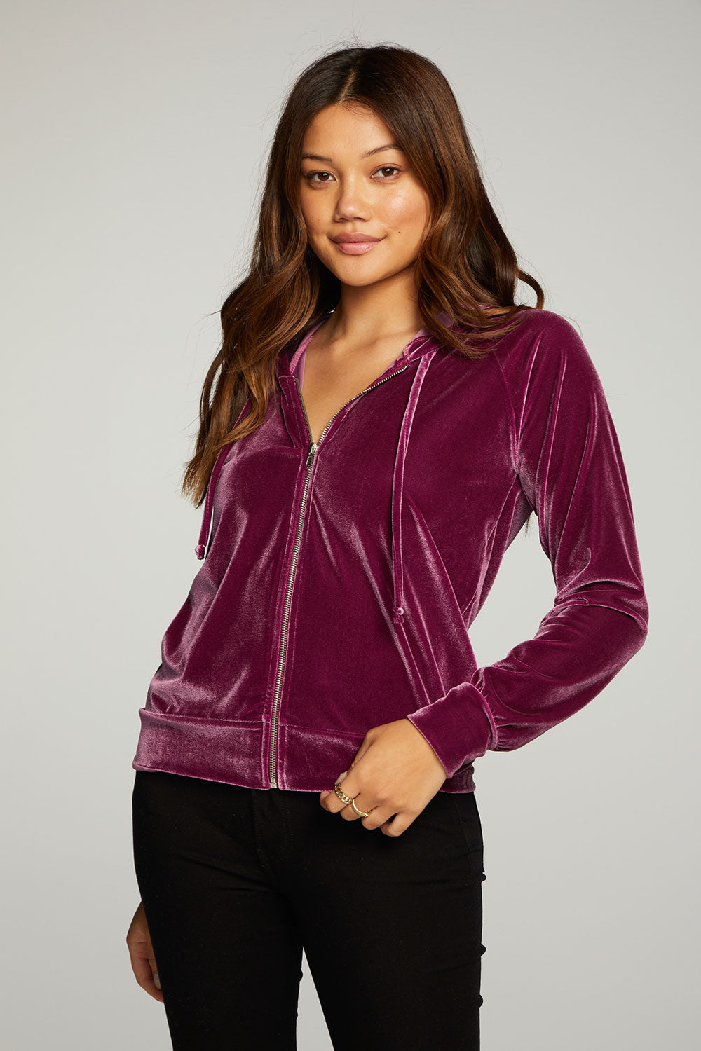 Stretch Velvet Long Sleeve Zip Up Hoodie WOMENS - chaserbrand