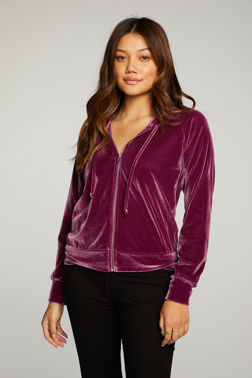 Stretch Velvet Long Sleeve Zip Up Hoodie WOMENS - chaserbrand