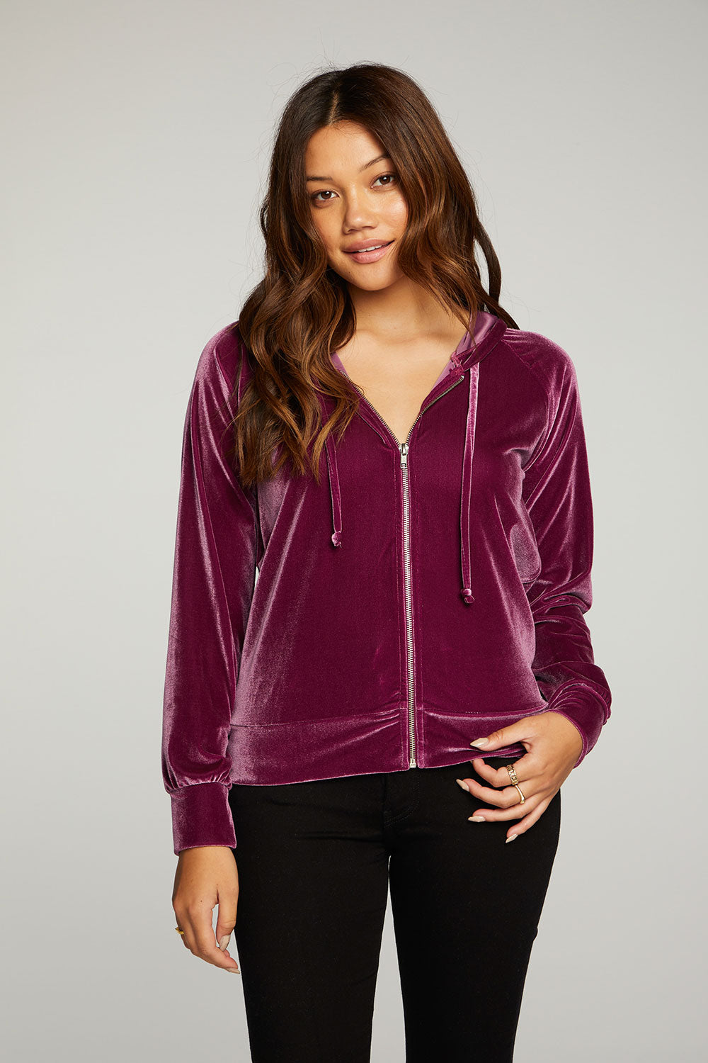 Stretch Velvet Long Sleeve Zip Up Hoodie WOMENS - chaserbrand