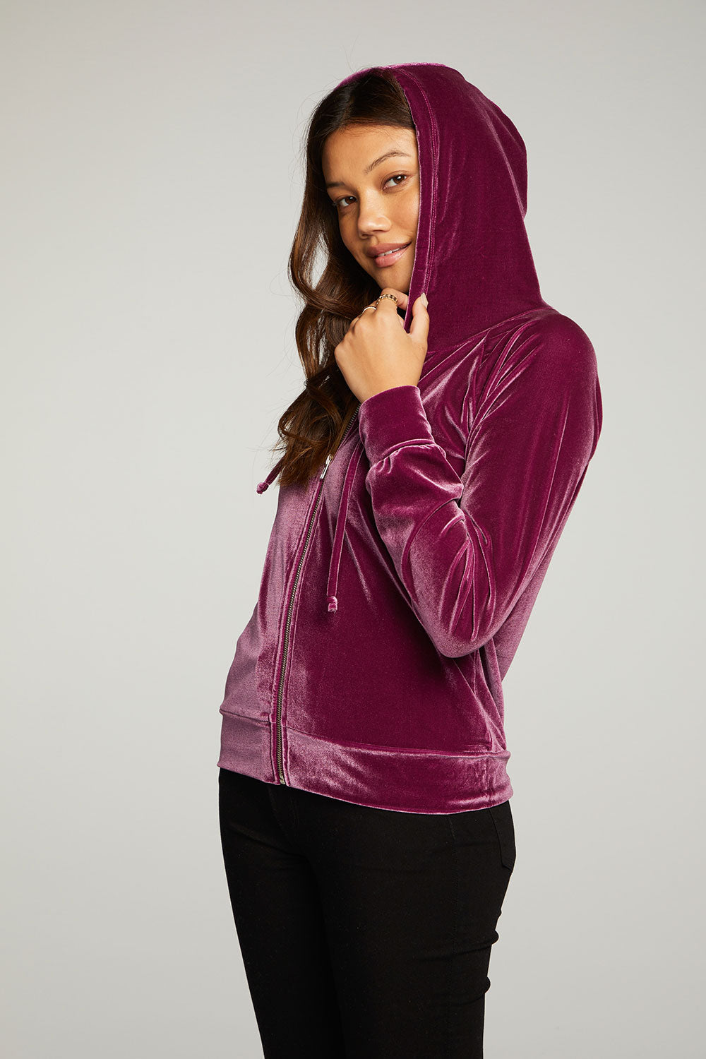 Stretch Velvet Long Sleeve Zip Up Hoodie WOMENS - chaserbrand