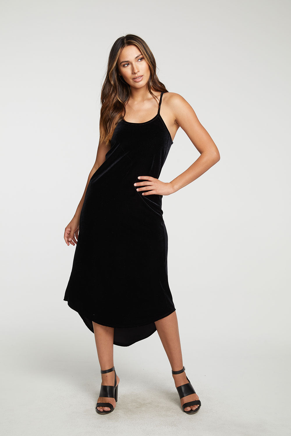 Stretch Velvet V Back Hi Lo Midi Dress WOMENS - chaserbrand