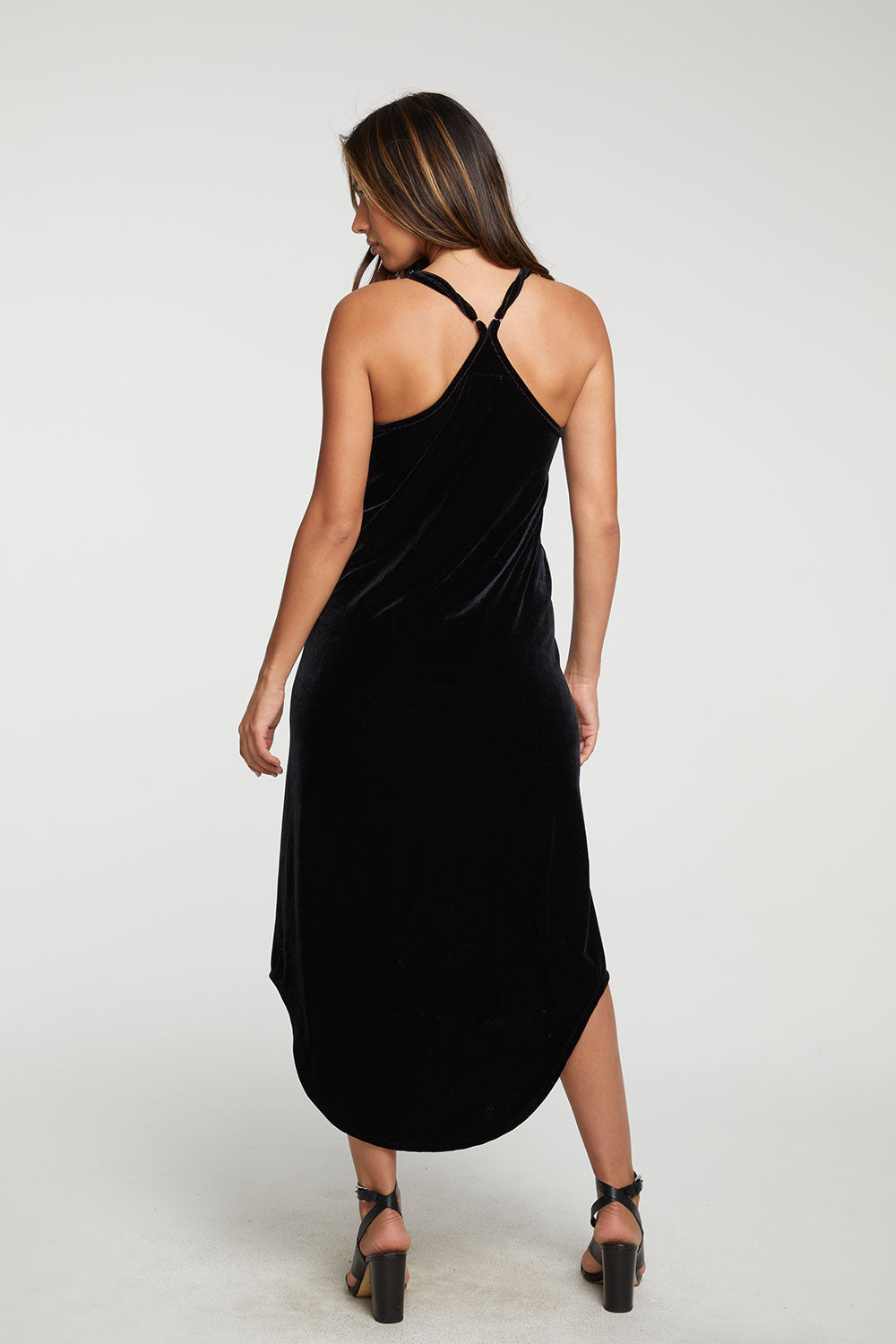 Stretch Velvet V Back Hi Lo Midi Dress WOMENS - chaserbrand