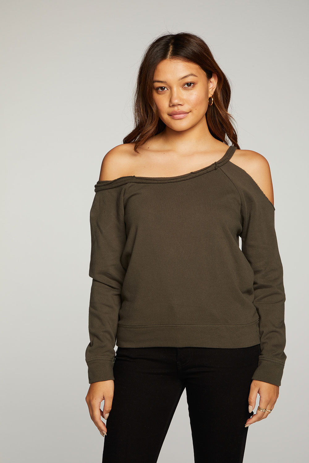 Cotton Fleece Vented Off Shoulder Long Sleeve Raglan Pullover WOMENS - chaserbrand