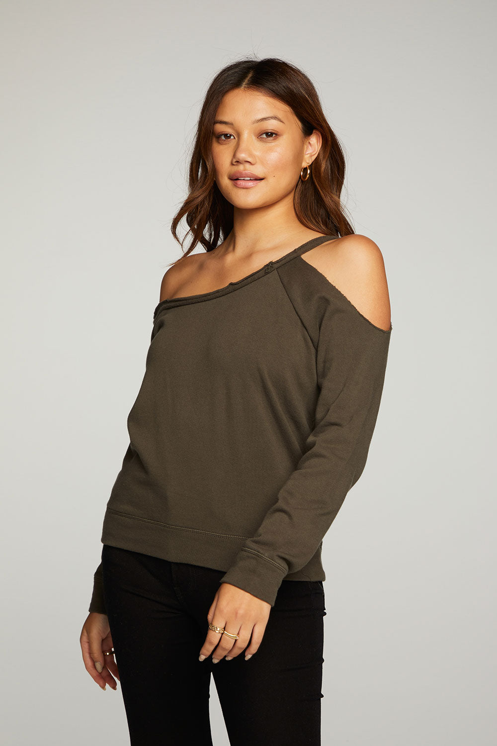 Cotton Fleece Vented Off Shoulder Long Sleeve Raglan Pullover WOMENS - chaserbrand