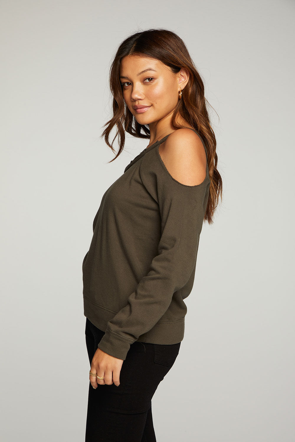 Cotton Fleece Vented Off Shoulder Long Sleeve Raglan Pullover WOMENS - chaserbrand