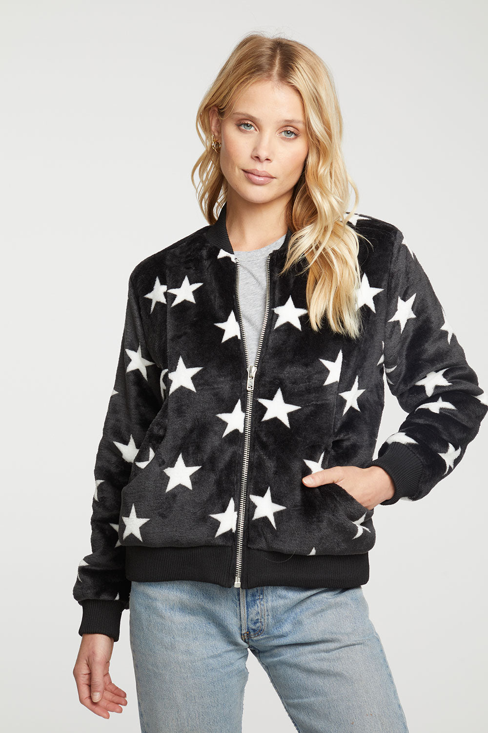 Star Faux Fur Long Sleeve Bomber Jacket WOMENS - chaserbrand