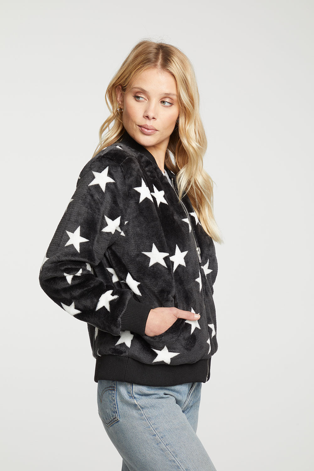 Star Faux Fur Long Sleeve Bomber Jacket WOMENS - chaserbrand