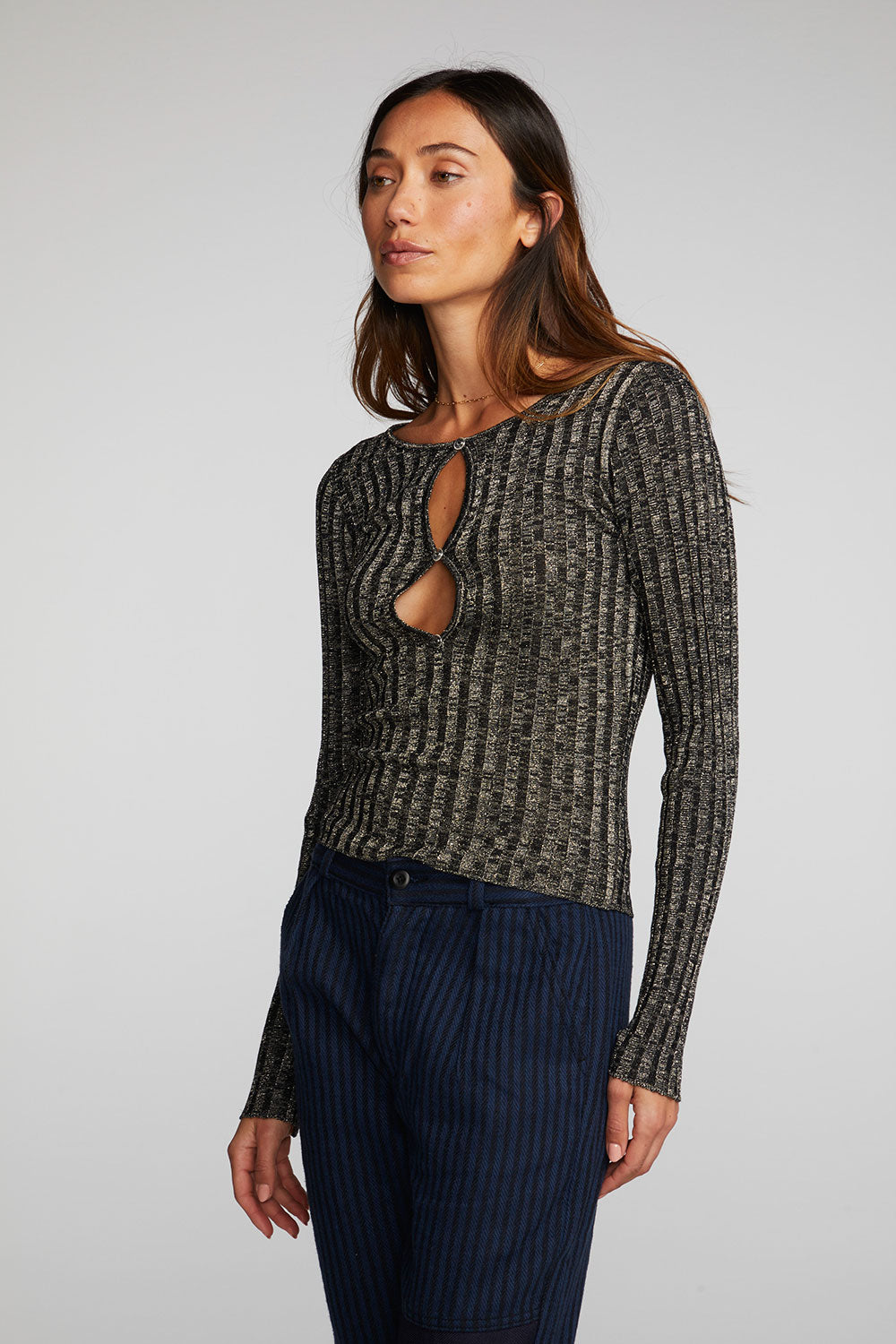 Lurex Rib Knit Long Sleeve Top with Open Keyhole